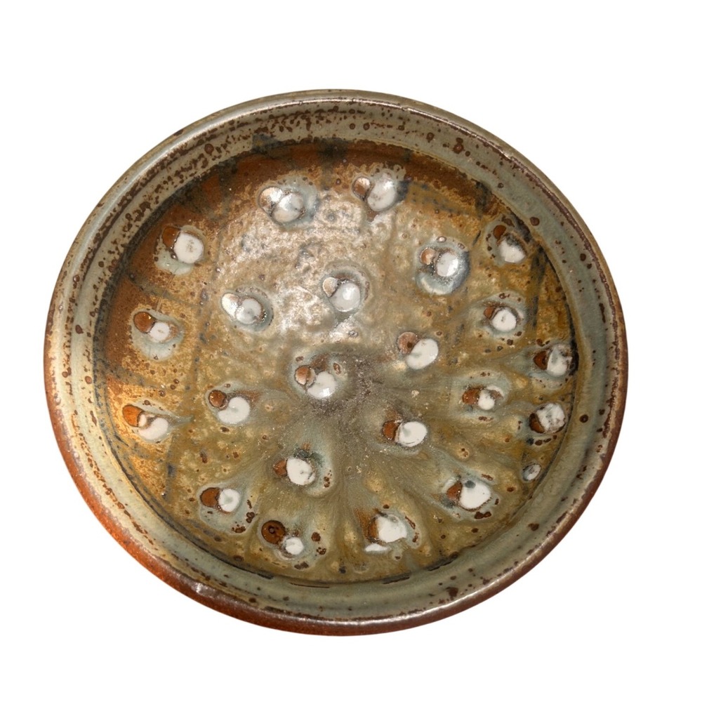 Studio Pottery Signed Stoneware Bowl Earthy Reactive Glaze‎ Thumbprint Design